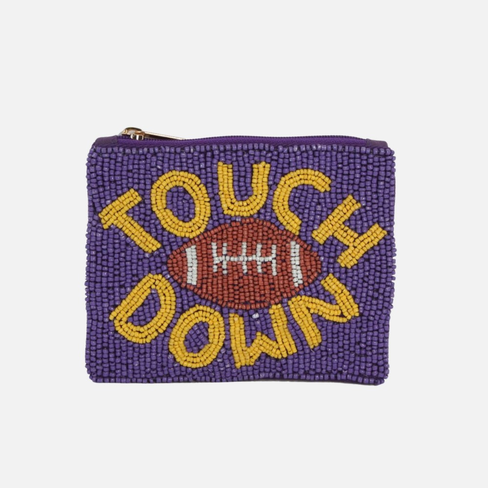 "TOUCH DOWN" & Football Seed Beaded Canvas Pouch - Fully Lined Inside - 100% Cotton Bag - Approximately 5.5" L X 4.5" T view 2