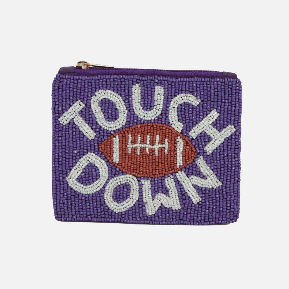"TOUCH DOWN" & Football Seed Beaded Canvas Pouch - Fully Lined Inside - 100% Cotton Bag - Approximately 5.5" L X 4.5" T view 2