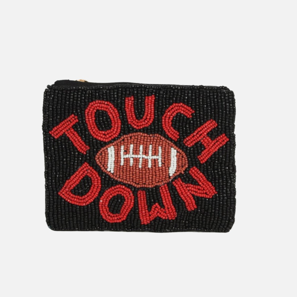 "TOUCH DOWN" & Football Seed Beaded Canvas Pouch - Fully Lined Inside - 100% Cotton Bag - Approximately 5.5" L X 4.5" T view 2