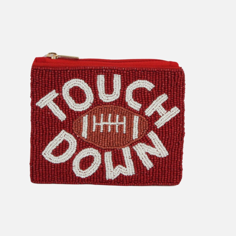 "TOUCH DOWN" & Football Seed Beaded Canvas Pouch - Fully Lined Inside - 100% Cotton Bag - Approximately 5.5" L X 4.5" T view 2