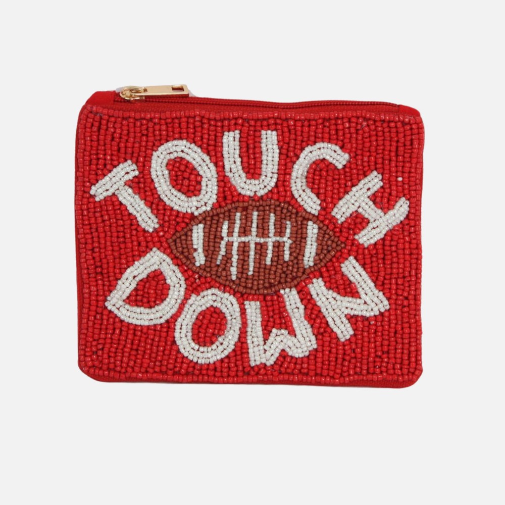 "TOUCH DOWN" & Football Seed Beaded Canvas Pouch - Fully Lined Inside - 100% Cotton Bag - Approximately 5.5" L X 4.5" T view 2