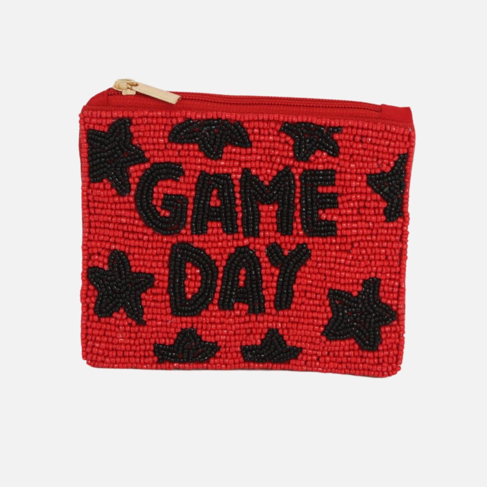 "GAME DAY" & Stars Seed Beaded Canvas Pouch - Fully Lined Inside - 100% Cotton Bag - Approximately 5.5" L X 4.5" T view 2