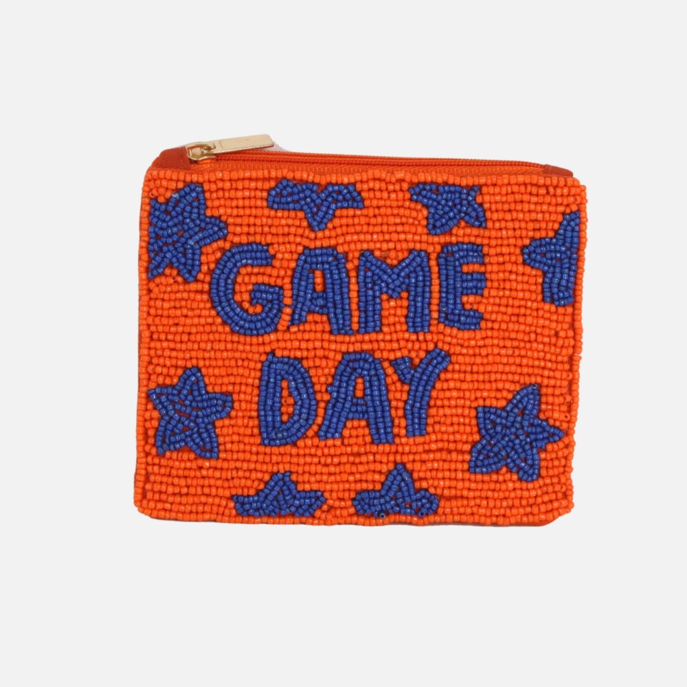 "GAME DAY" & Stars Seed Beaded Canvas Pouch - Fully Lined Inside - 100% Cotton Bag - Approximately 5.5" L X 4.5" T view 2