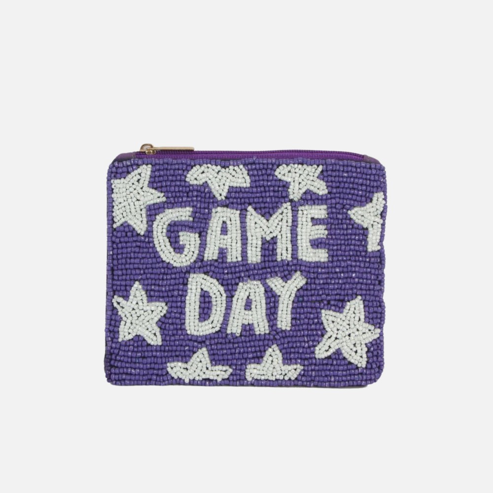 "GAME DAY" & Stars Seed Beaded Canvas Pouch - Fully Lined Inside - 100% Cotton Bag - Approximately 5.5" L X 4.5" T view 2