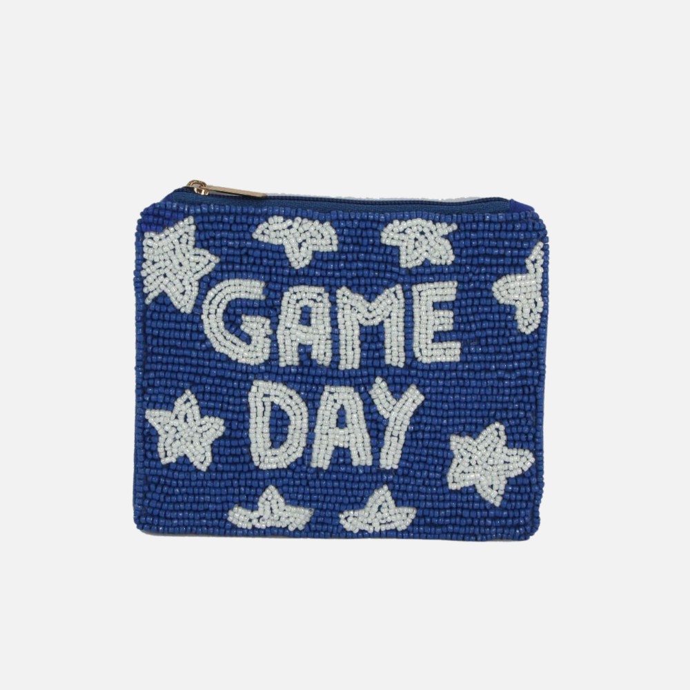"GAME DAY" & Stars Seed Beaded Canvas Pouch - Fully Lined Inside - 100% Cotton Bag - Approximately 5.5" L X 4.5" T view 2