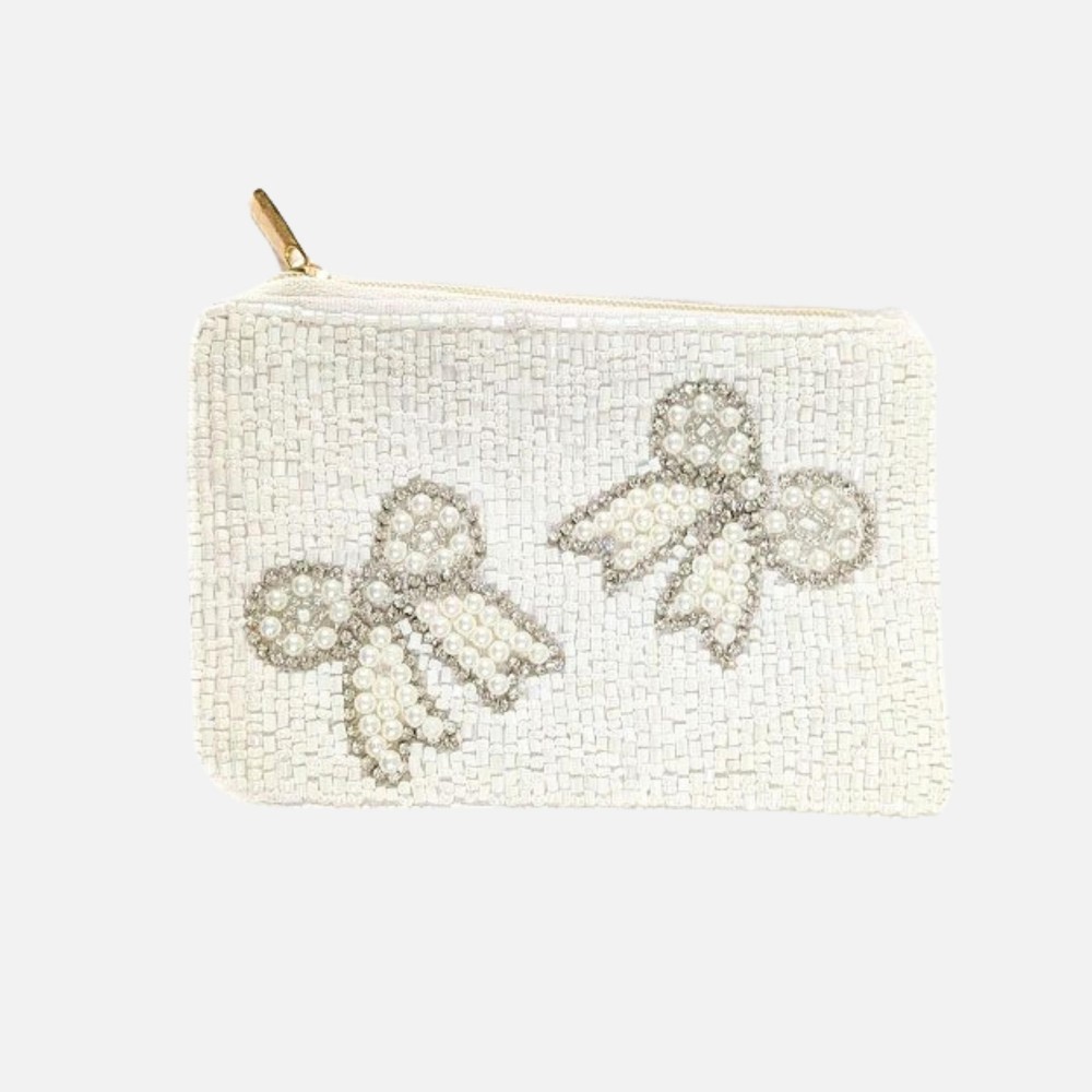 Seed Bead & Pearls Bow Pouch - Lined Interior - Full Zipper Closure - Approximately 5" L X 4.5" T view 2