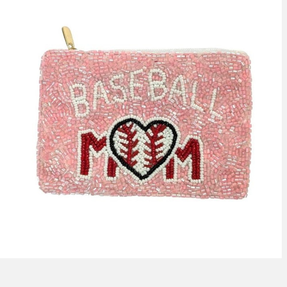 "Baseball Mom" Seed Bead Pouch - Lined Interior - Full Zipper Closure - Approximately 5" L X 4.5" T view 2