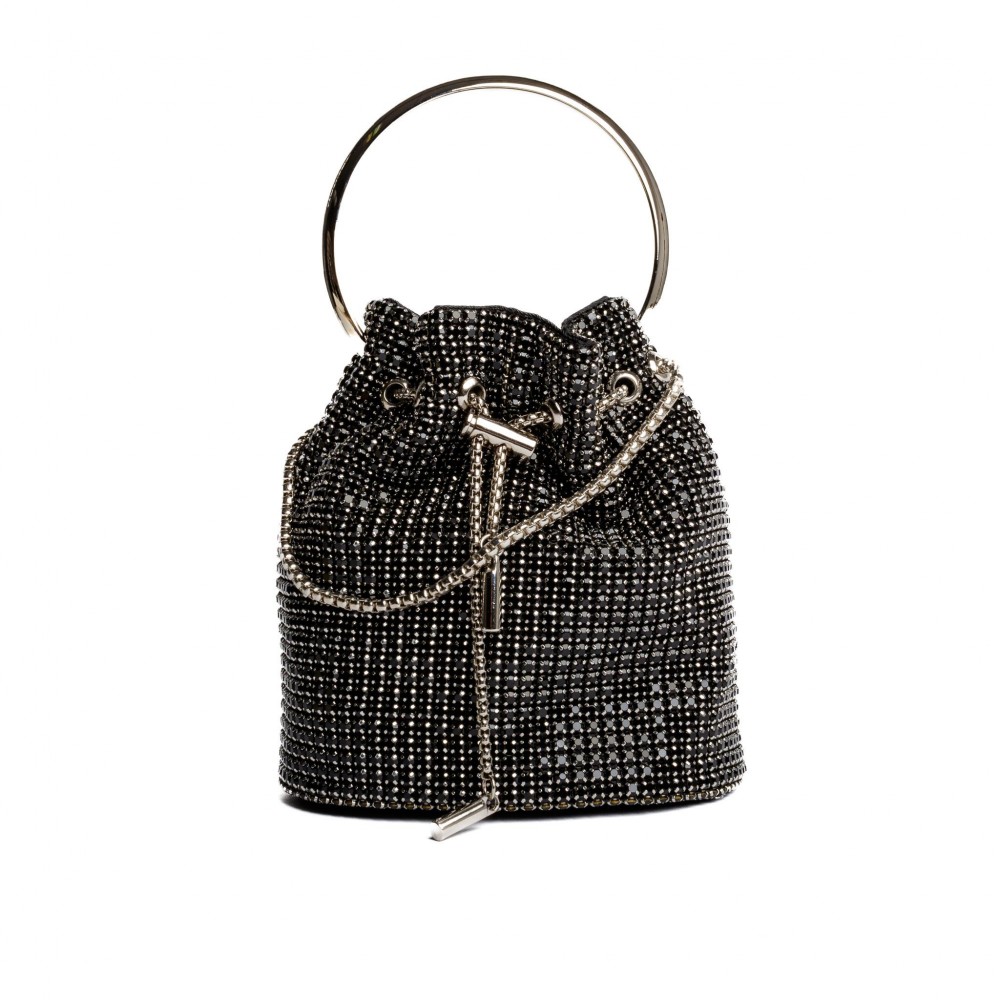 Rhinestone Mesh Mini Bucket Crossbody Bag - Rhinestone Mesh Exterior - Satin Lining - Metal Bar Drawstring - Vegan Leather Flat Base - One Inside Pocket - Metal Handle - Shoulder Strap with a 22" Drop - Approximately 6" L X 7" T X 3" D view 2
