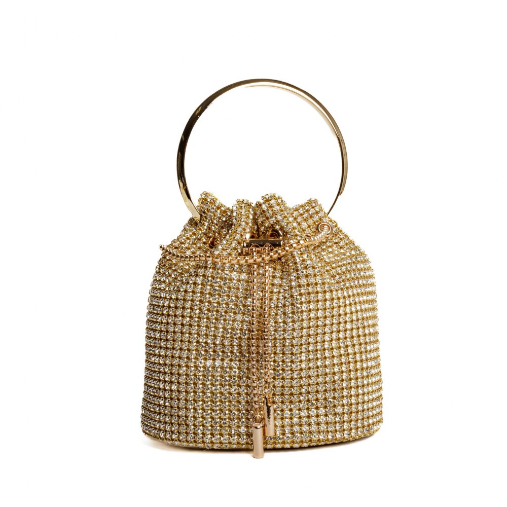 Rhinestone Mesh Mini Bucket Crossbody Bag - Rhinestone Mesh Exterior - Satin Lining - Metal Bar Drawstring - Vegan Leather Flat Base - One Inside Pocket - Metal Handle - Shoulder Strap with a 22" Drop - Approximately 6" L X 7" T X 3" D view 2