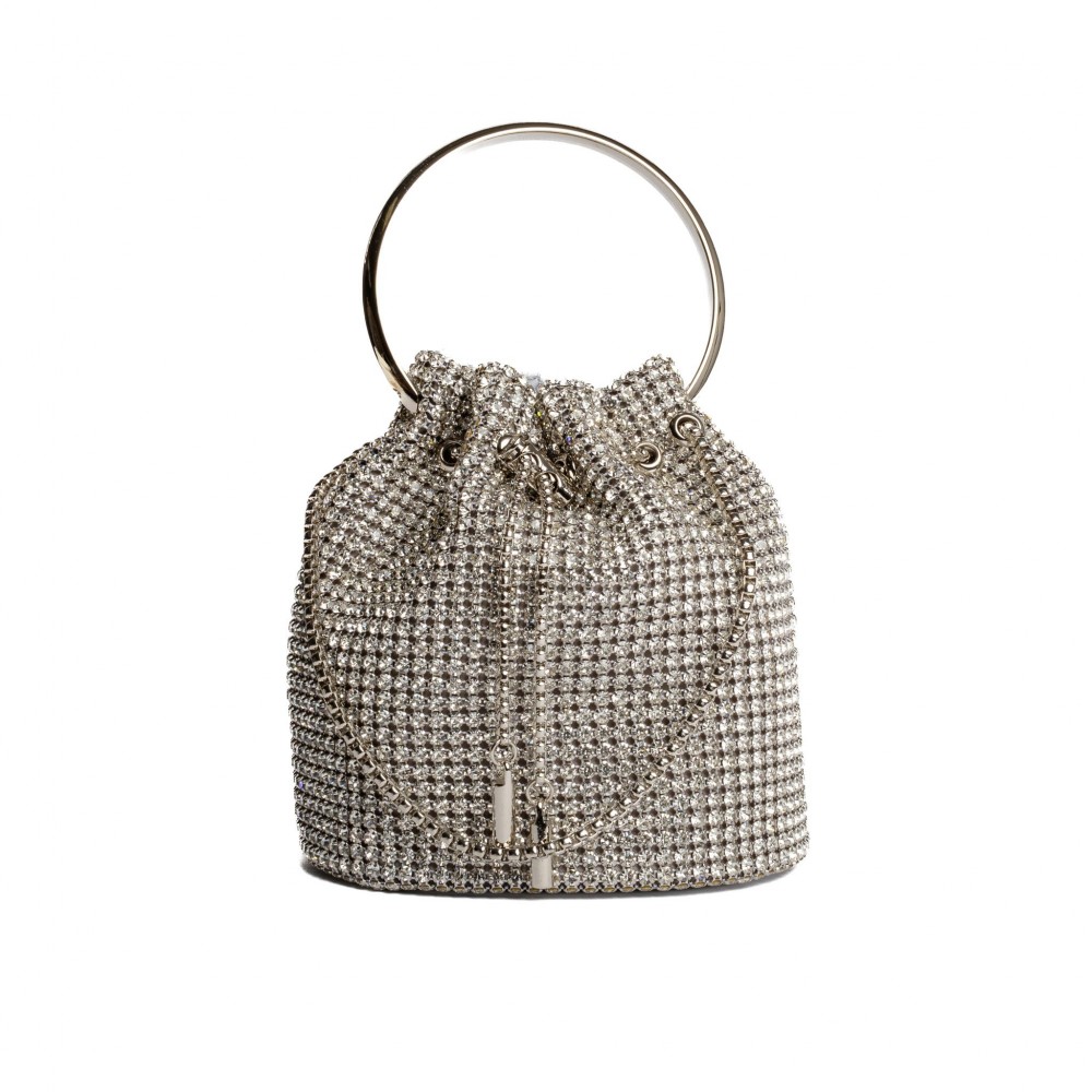 Rhinestone Mesh Mini Bucket Crossbody Bag - Rhinestone Mesh Exterior - Satin Lining - Metal Bar Drawstring - Vegan Leather Flat Base - One Inside Pocket - Metal Handle - Shoulder Strap with a 22" Drop - Approximately 6" L X 7" T X 3" D view 2