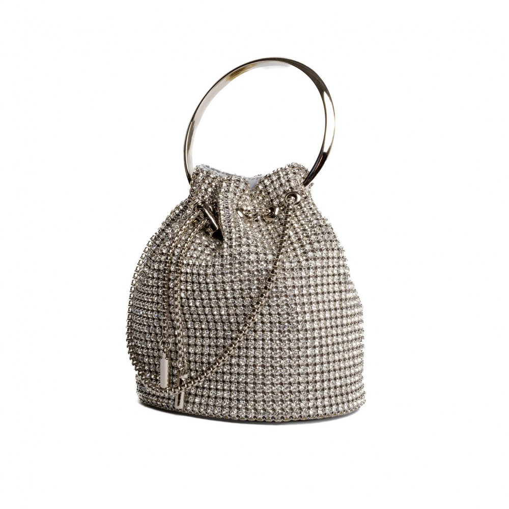 Rhinestone Mesh Mini Bucket Crossbody Bag - Rhinestone Mesh Exterior - Satin Lining - Metal Bar Drawstring - Vegan Leather Flat Base - One Inside Pocket - Metal Handle - Shoulder Strap with a 22" Drop - Approximately 6" L X 7" T X 3" D view 4