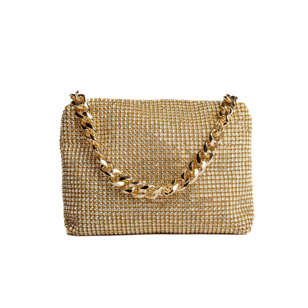 Rhinestone Mesh with Chainlink Handle Bag - Rhinestone Mesh Exterior - Satin Lining - One open pocket and one zipper closure pocket - Removable Chain Link Strap - One Inside Pocket - Chainlink Handle - Approximately 9" L X 6.5" T X 2" D view 2