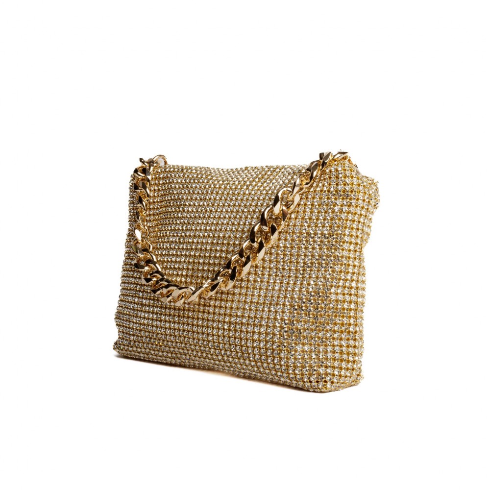 Rhinestone Mesh with Chainlink Handle Bag - Rhinestone Mesh Exterior - Satin Lining - One open pocket and one zipper closure pocket - Removable Chain Link Strap - One Inside Pocket - Chainlink Handle - Approximately 9" L X 6.5" T X 2" D view 4
