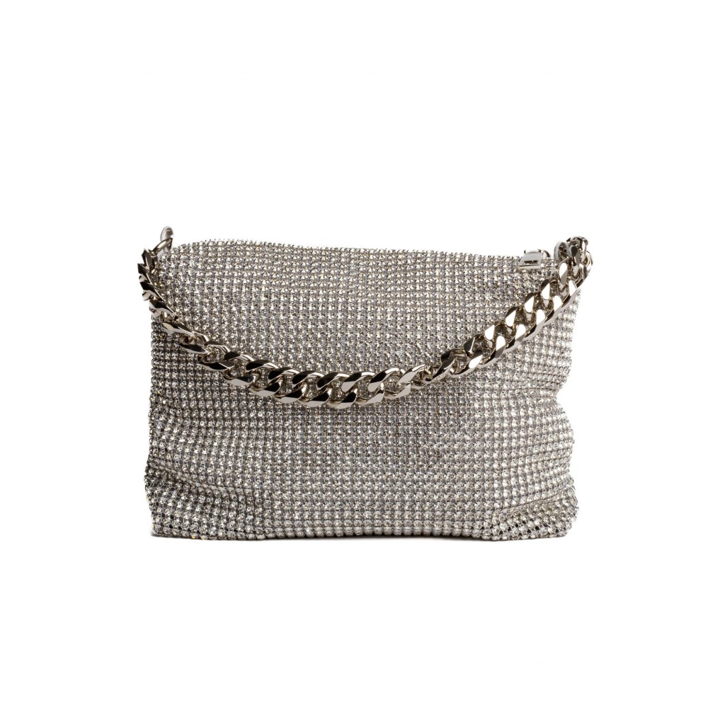 Rhinestone Mesh with Chainlink Handle Bag - Rhinestone Mesh Exterior - Satin Lining - One open pocket and one zipper closure pocket - Removable Chain Link Strap - One Inside Pocket - Chainlink Handle - Approximately 9" L X 6.5" T X 2" D view 2