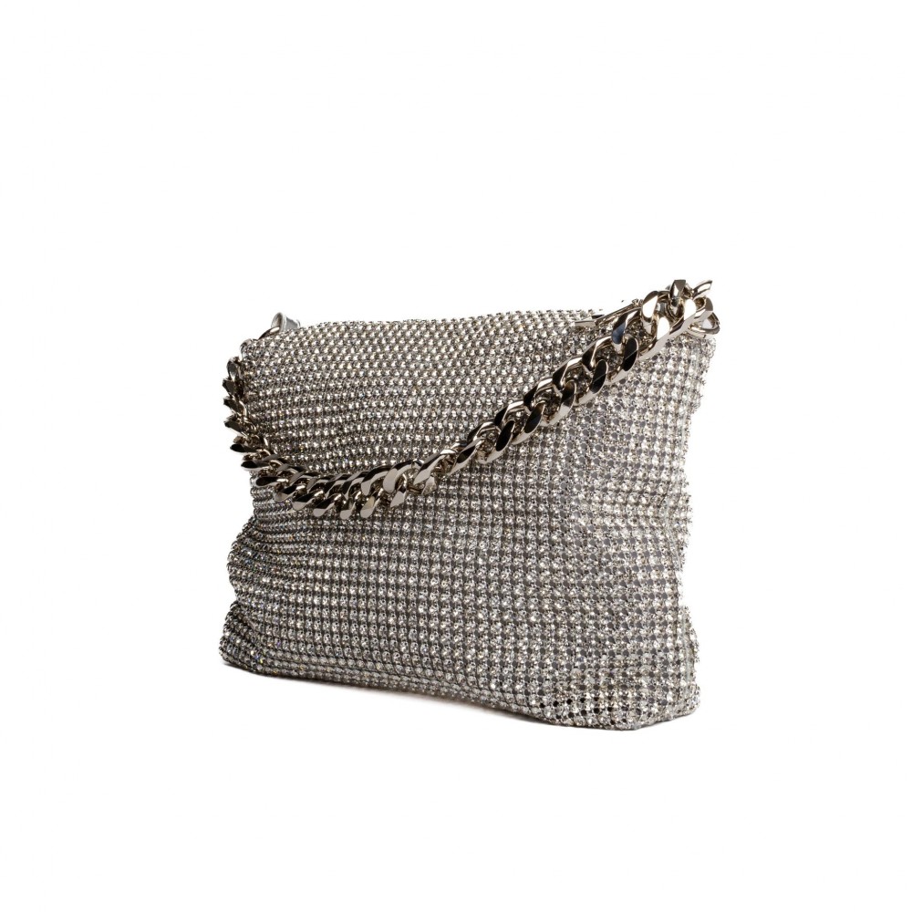 Rhinestone Mesh with Chainlink Handle Bag - Rhinestone Mesh Exterior - Satin Lining - One open pocket and one zipper closure pocket - Removable Chain Link Strap - One Inside Pocket - Chainlink Handle - Approximately 9" L X 6.5" T X 2" D view 4