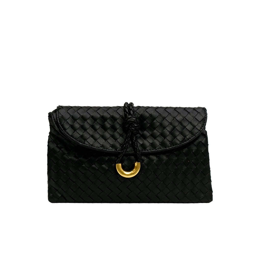 Vegan Leather Woven Twist Lock Crossbody Bag - Double Flap with One internal Zipper Pocket - Attached Cross Body Strap - Twist Lock Closure - Approximately 11" W X 6.5" T X 3" D view 2