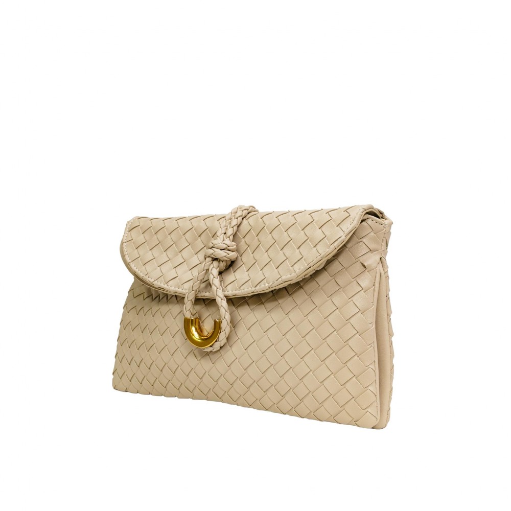 Vegan Leather Woven Twist Lock Crossbody Bag - Double Flap with One internal Zipper Pocket - Attached Cross Body Strap - Twist Lock Closure - Approximately 11" W X 6.5" T X 3" D view 4