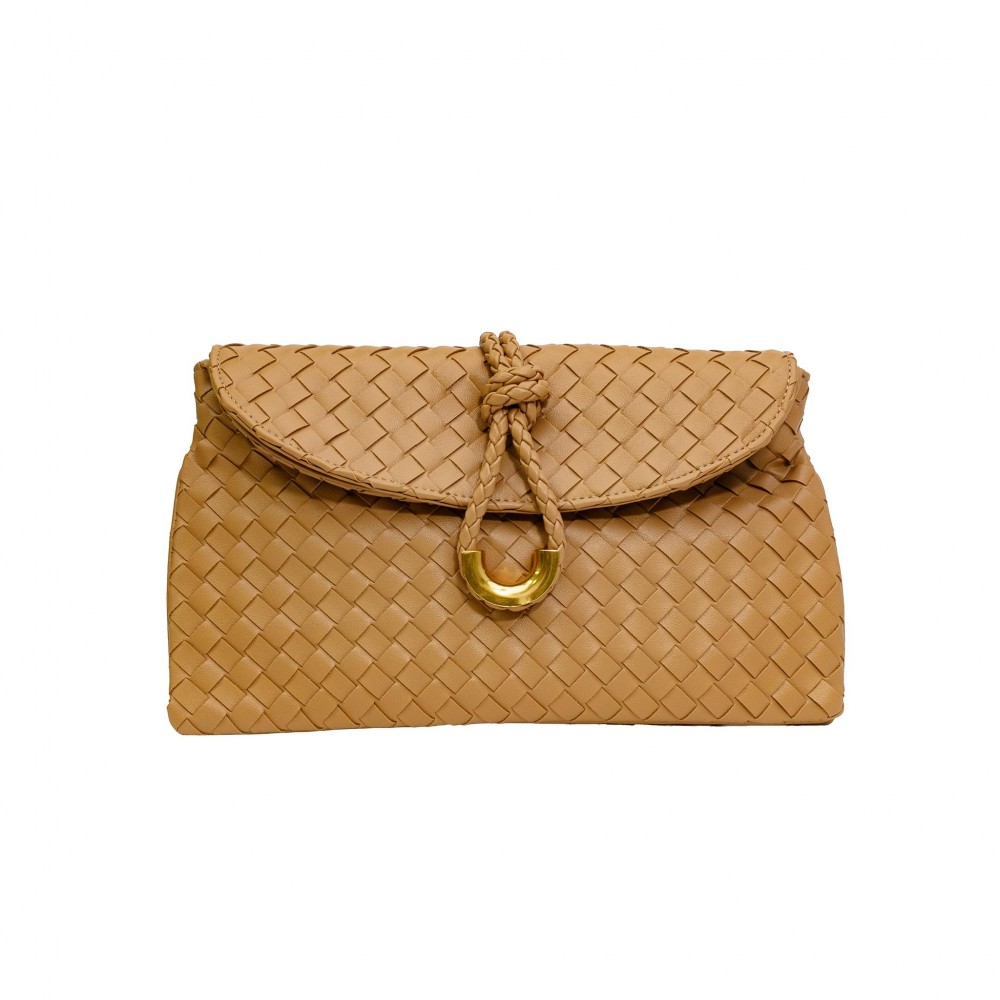 Vegan Leather Woven Twist Lock Crossbody Bag - Double Flap with One internal Zipper Pocket - Attached Cross Body Strap - Twist Lock Closure - Approximately 11" W X 6.5" T X 3" D view 2