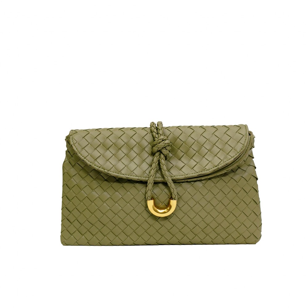 Vegan Leather Woven Twist Lock Crossbody Bag - Double Flap with One internal Zipper Pocket - Attached Cross Body Strap - Twist Lock Closure - Approximately 11" W X 6.5" T X 3" D view 2