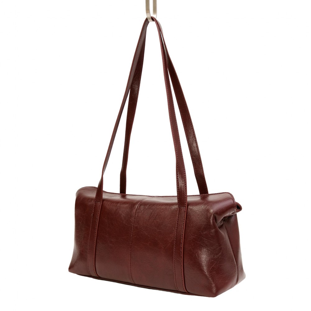 Vegan Leather Duffle Shaped Crossbody Bag - Double Flap Magnetic Closure - Removable/Adjustable Cross Body Strap - 3 Compartments With Full Zipper Closure - Lined Inside - Approximately 11" W X 6.5" T X 3" D view 4
