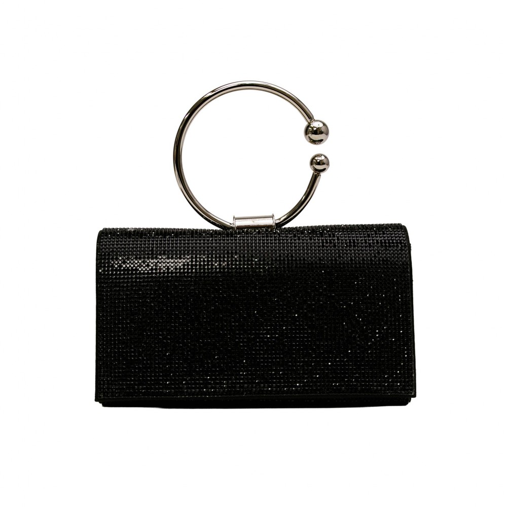 Rhinestone Evening Clutch with Orbital Handle - Rhinestone Exterior - Satin Lining - Removable Metal Chain Strap - One Inside Pocket - Round Metal Handle - Approximately 7" L X 5" T X 2" D view 2