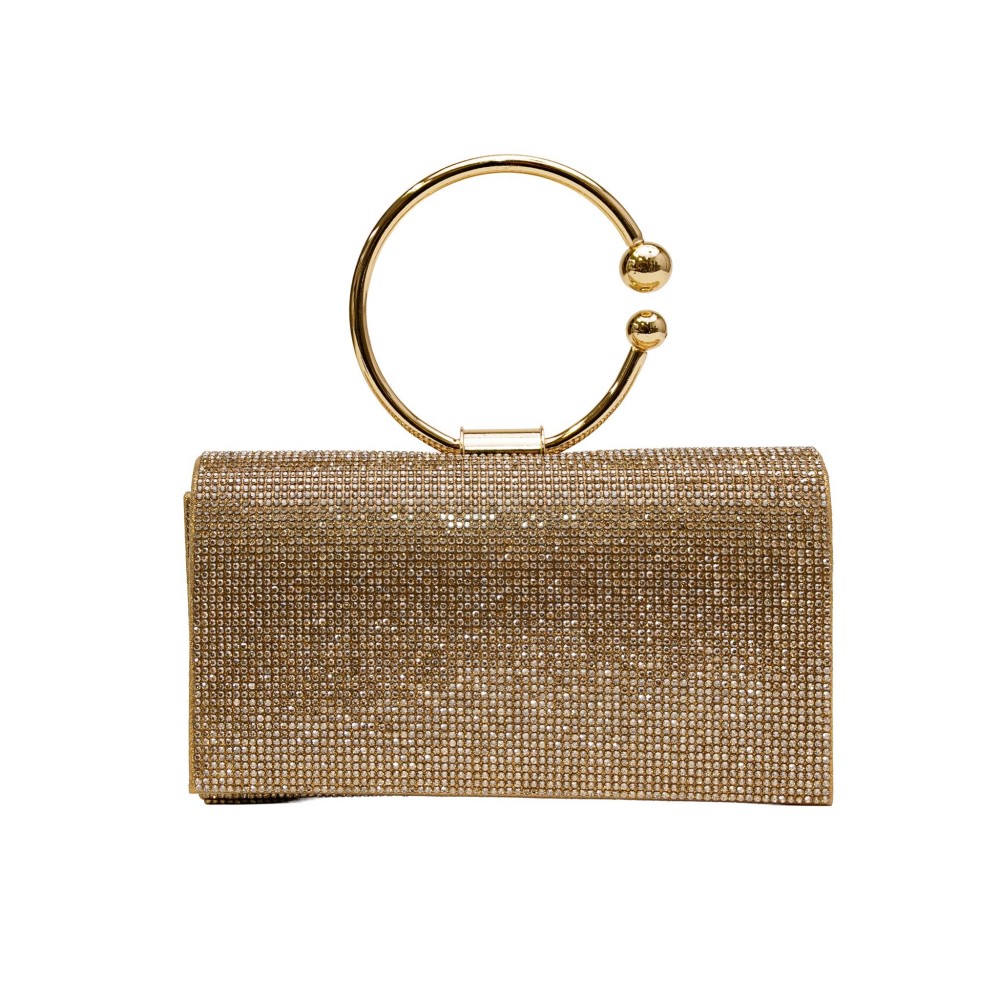 Rhinestone Evening Clutch with Orbital Handle - Rhinestone Exterior - Satin Lining - Removable Metal Chain Strap - One Inside Pocket - Round Metal Handle - Approximately 7" L X 5" T X 2" D view 2