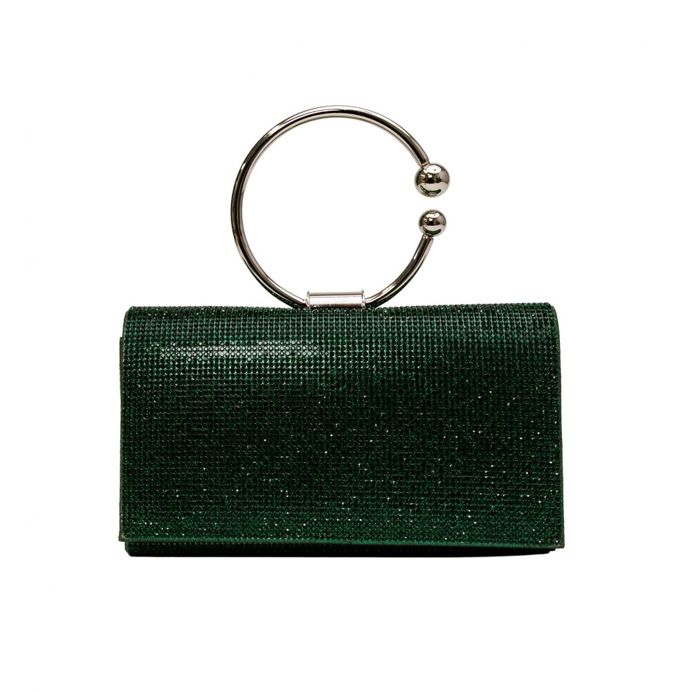 Rhinestone Evening Clutch with Orbital Handle - Rhinestone Exterior - Satin Lining - Removable Metal Chain Strap - One Inside Pocket - Round Metal Handle - Approximately 7" L X 5" T X 2" D view 2