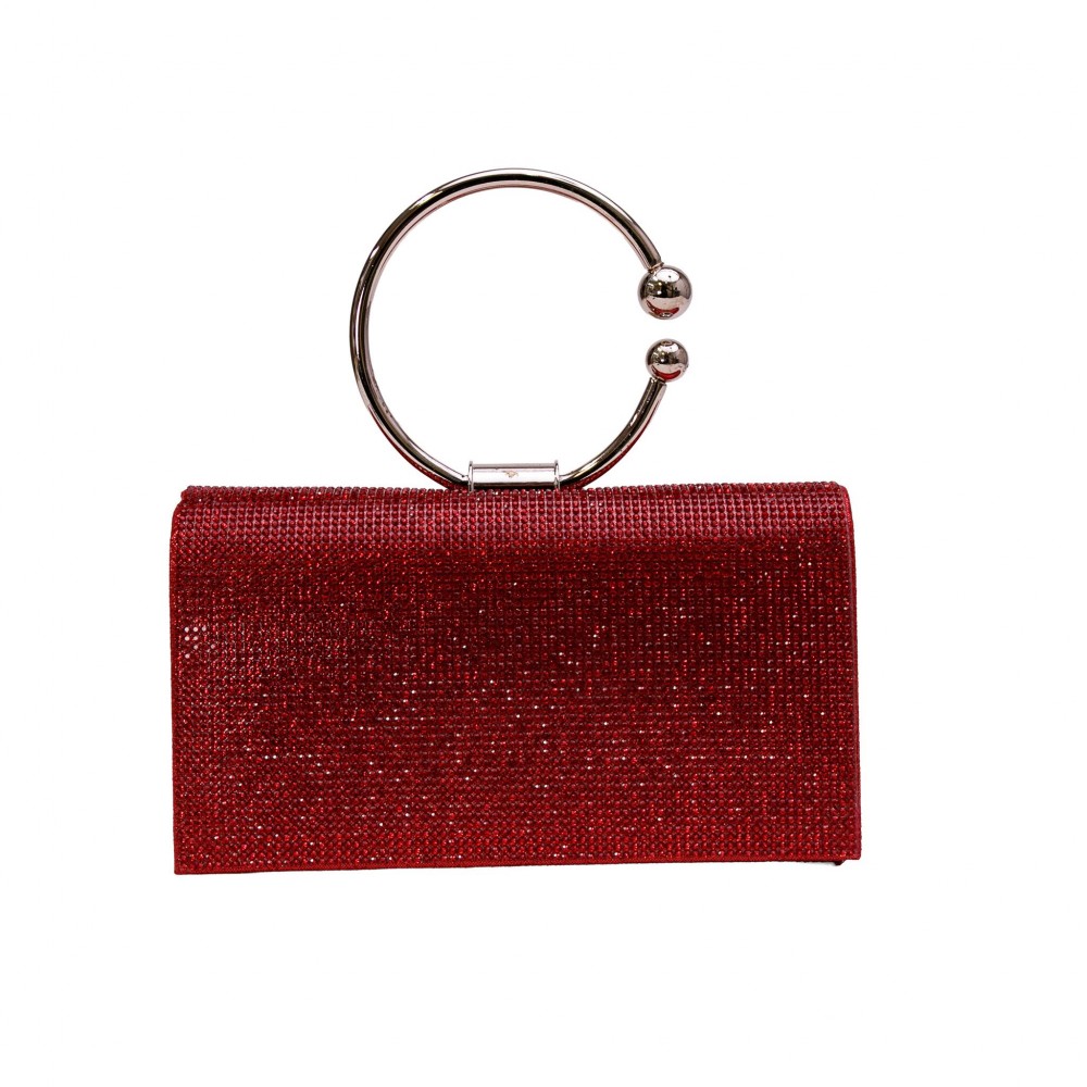Rhinestone Evening Clutch with Orbital Handle - Rhinestone Exterior - Satin Lining - Removable Metal Chain Strap - One Inside Pocket - Round Metal Handle - Approximately 7" L X 5" T X 2" D view 2
