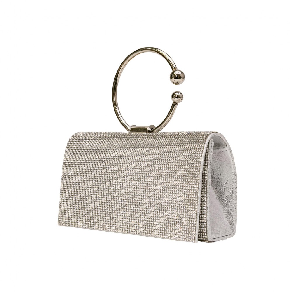 Rhinestone Evening Clutch with Orbital Handle - Rhinestone Exterior - Satin Lining - Removable Metal Chain Strap - One Inside Pocket - Round Metal Handle - Approximately 7" L X 5" T X 2" D view 4