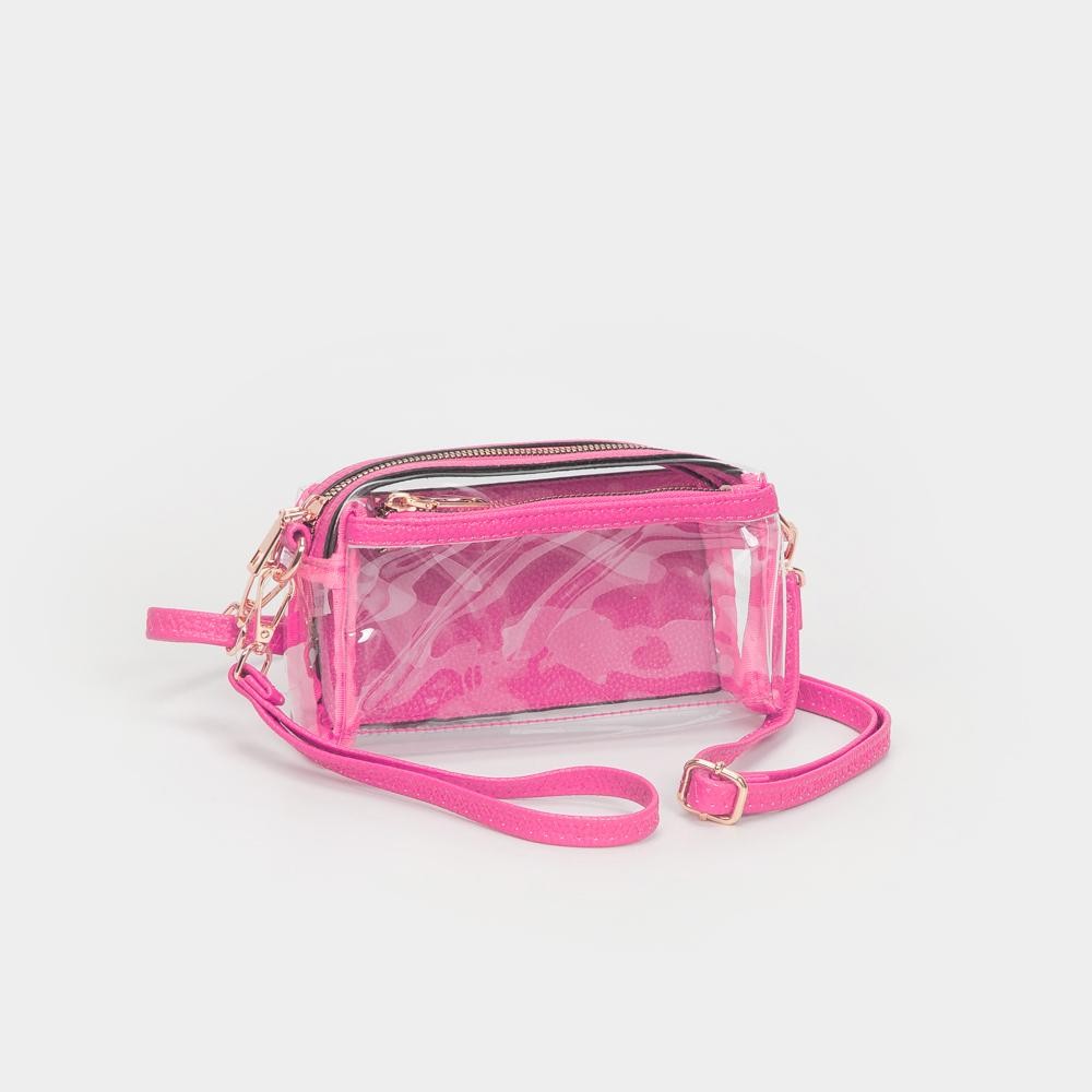 Clear Vegan Crossbody Wristlet Clutch - Zip Closure - Removable Straps: Leather & Canvas - Approximately 4" T X 7" L X 2" W - Straps Adjustable: 30" L view 2
