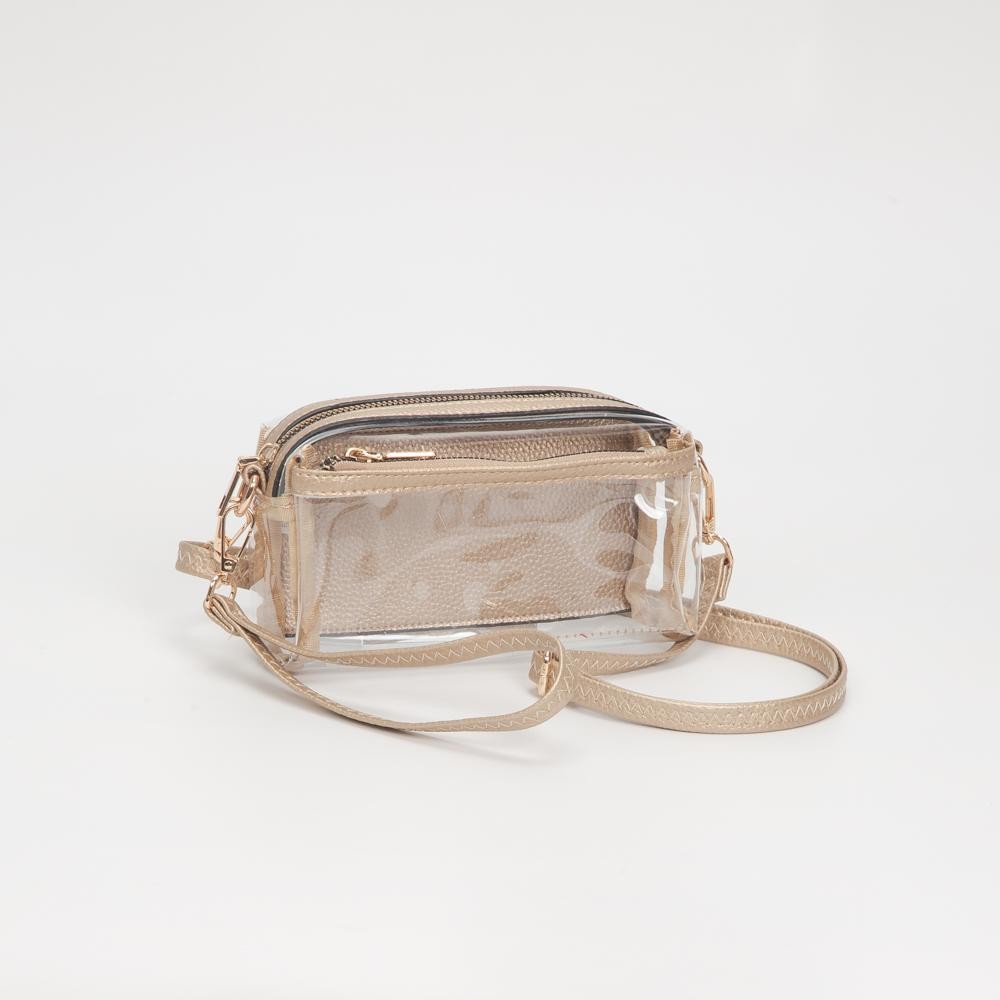 Clear Vegan Crossbody Wristlet Clutch - Zip Closure - Removable Straps: Leather & Canvas - Approximately 4" T X 7" L X 2" W - Straps Adjustable: 30" L view 2