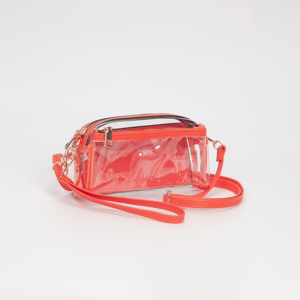 Clear Vegan Crossbody Wristlet Clutch - Zip Closure - Removable Straps: Leather & Canvas - Approximately 4" T X 7" L X 2" W - Straps Adjustable: 30" L view 2