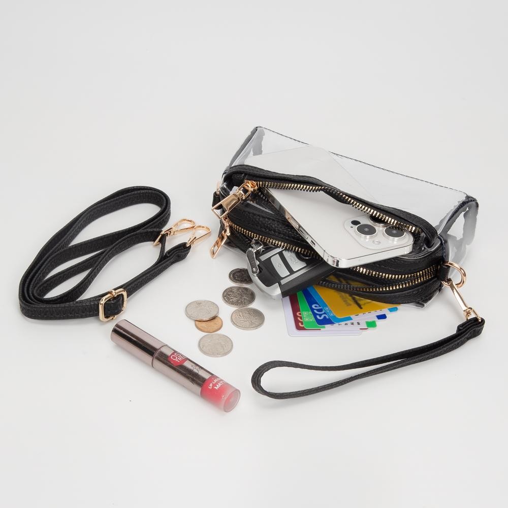 Clear Vegan Crossbody Wristlet Clutch - Zip Closure - Removable Straps: Leather & Canvas - Approximately 4" T X 7" L X 2" W - Straps Adjustable: 30" L view 4