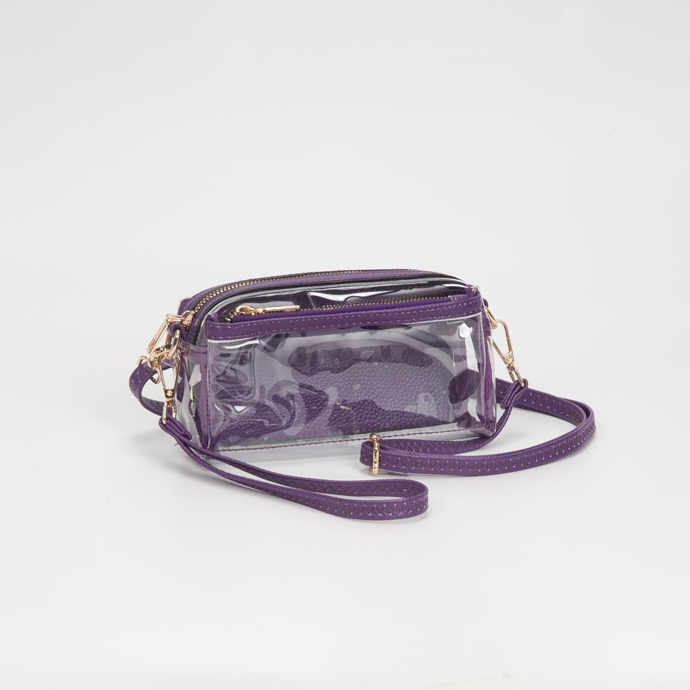 Clear Vegan Crossbody Wristlet Clutch - Zip Closure - Removable Straps: Leather & Canvas - Approximately 4" T X 7" L X 2" W - Straps Adjustable: 30" L view 2