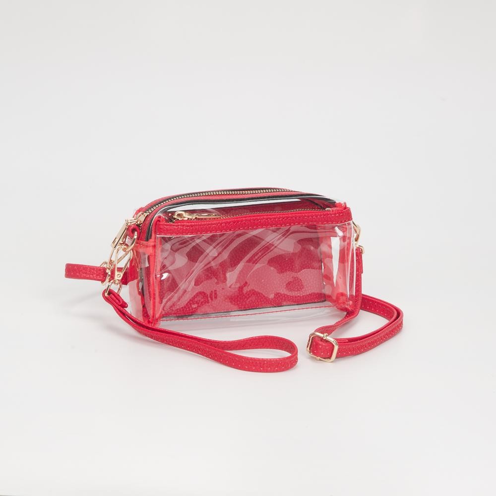 Clear Vegan Crossbody Wristlet Clutch - Zip Closure - Removable Straps: Leather & Canvas - Approximately 4" T X 7" L X 2" W - Straps Adjustable: 30" L view 2