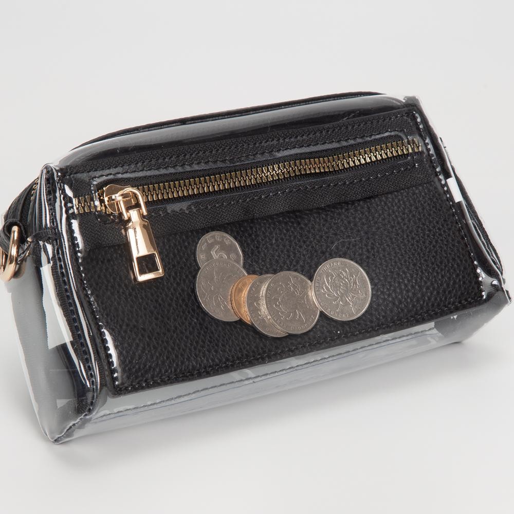 Clear Vegan Crossbody Wristlet Clutch - Zip Closure - Removable Straps: Leather & Canvas - Approximately 4" T X 7" L X 2" W - Straps Adjustable: 30" L view 6