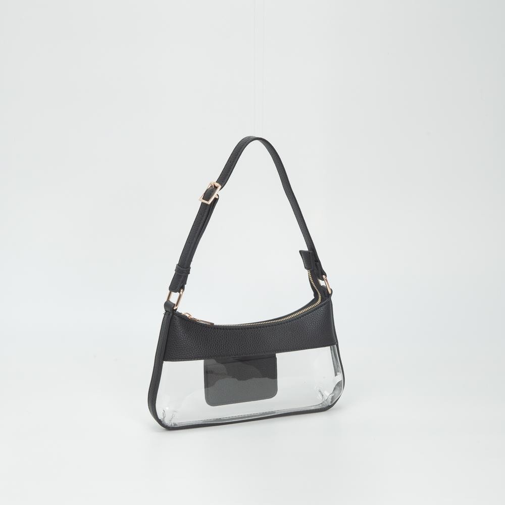Clear Small Tote Bag Featuring Vegan Leather Details - Zip Closure - One Inner Card Pocket - Adjustable Buckle Handle - Approximately 5.5" T X 10.5" L X .75" W view 2