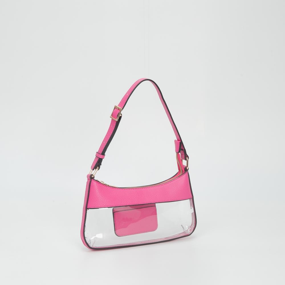Clear Small Tote Bag Featuring Vegan Leather Details - Zip Closure - One Inner Card Pocket - Adjustable Buckle Handle - Approximately 5.5" T X 10.5" L X .75" W view 2