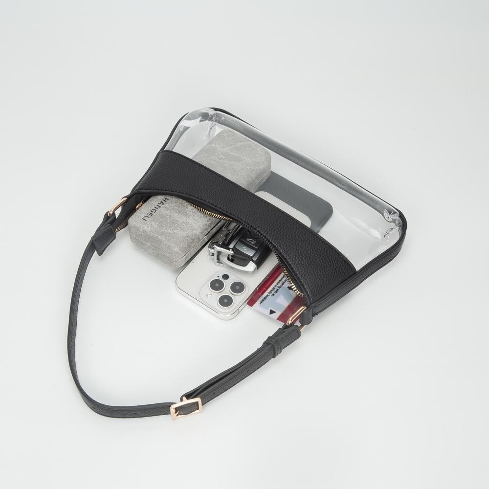 Clear Small Tote Bag Featuring Vegan Leather Details - Zip Closure - One Inner Card Pocket - Adjustable Buckle Handle - Approximately 5.5" T X 10.5" L X .75" W view 4