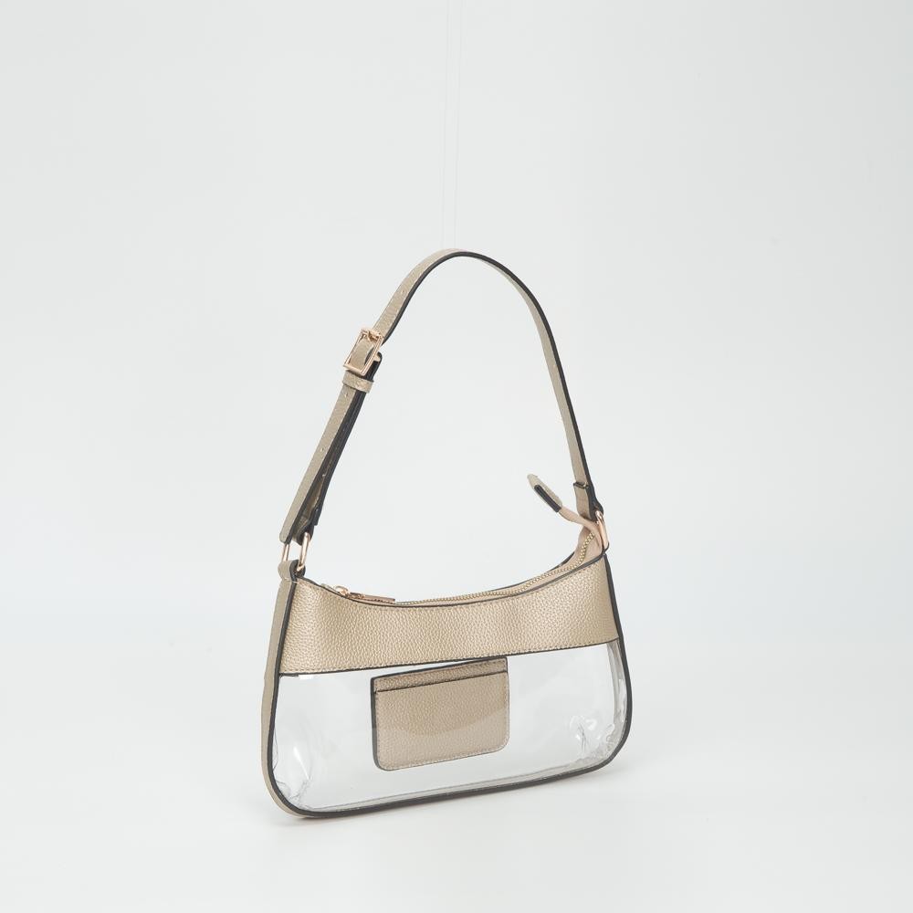 Clear Small Tote Bag Featuring Vegan Leather Details - Zip Closure - One Inner Card Pocket - Adjustable Buckle Handle - Approximately 5.5" T X 10.5" L X .75" W view 2