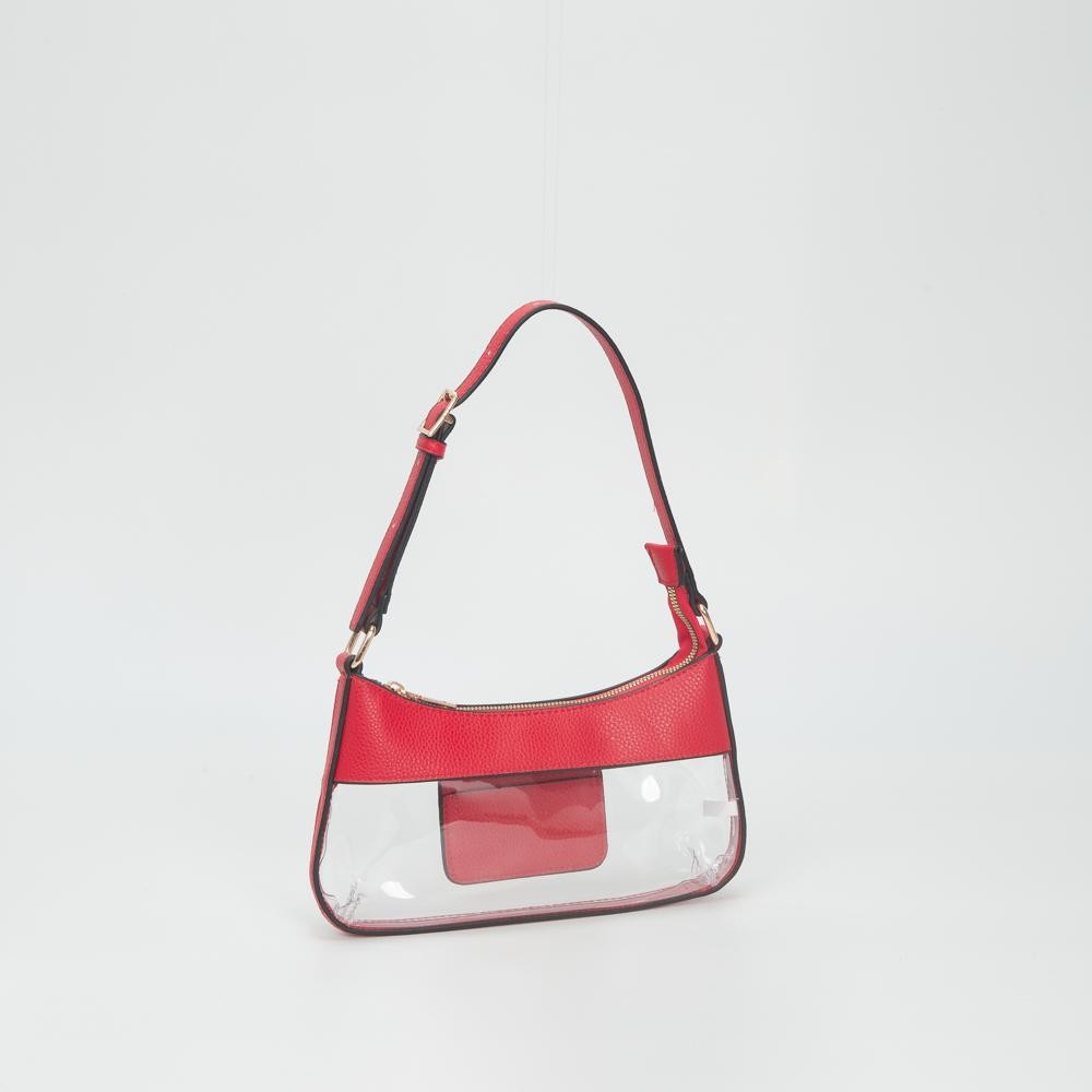 Clear Small Tote Bag Featuring Vegan Leather Details - Zip Closure - One Inner Card Pocket - Adjustable Buckle Handle - Approximately 5.5" T X 10.5" L X .75" W view 2