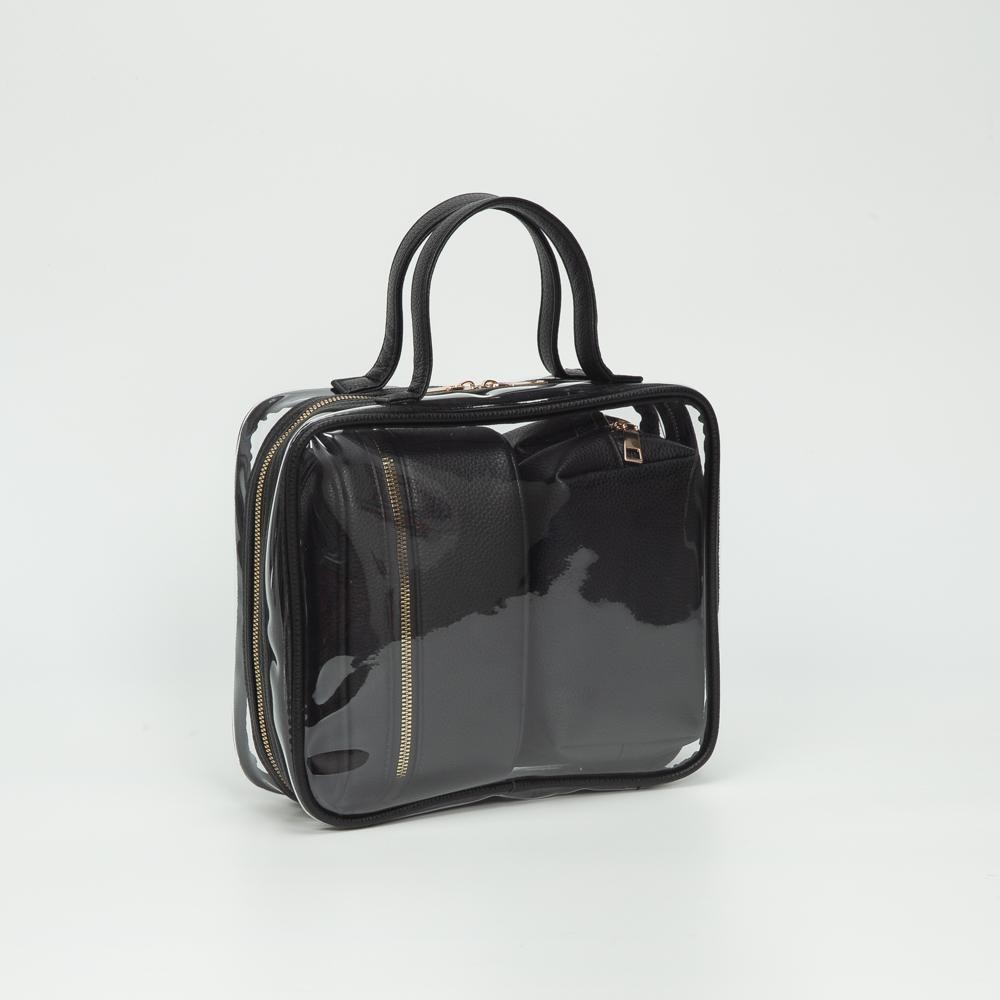Clear Square Tote Bag With Vegan Leather Trim - Three Vegan Leather Pouches Included - Full Zip Closure - Approximately 10" L X 9" T X 3" D - Handle Drop 4" L view 2