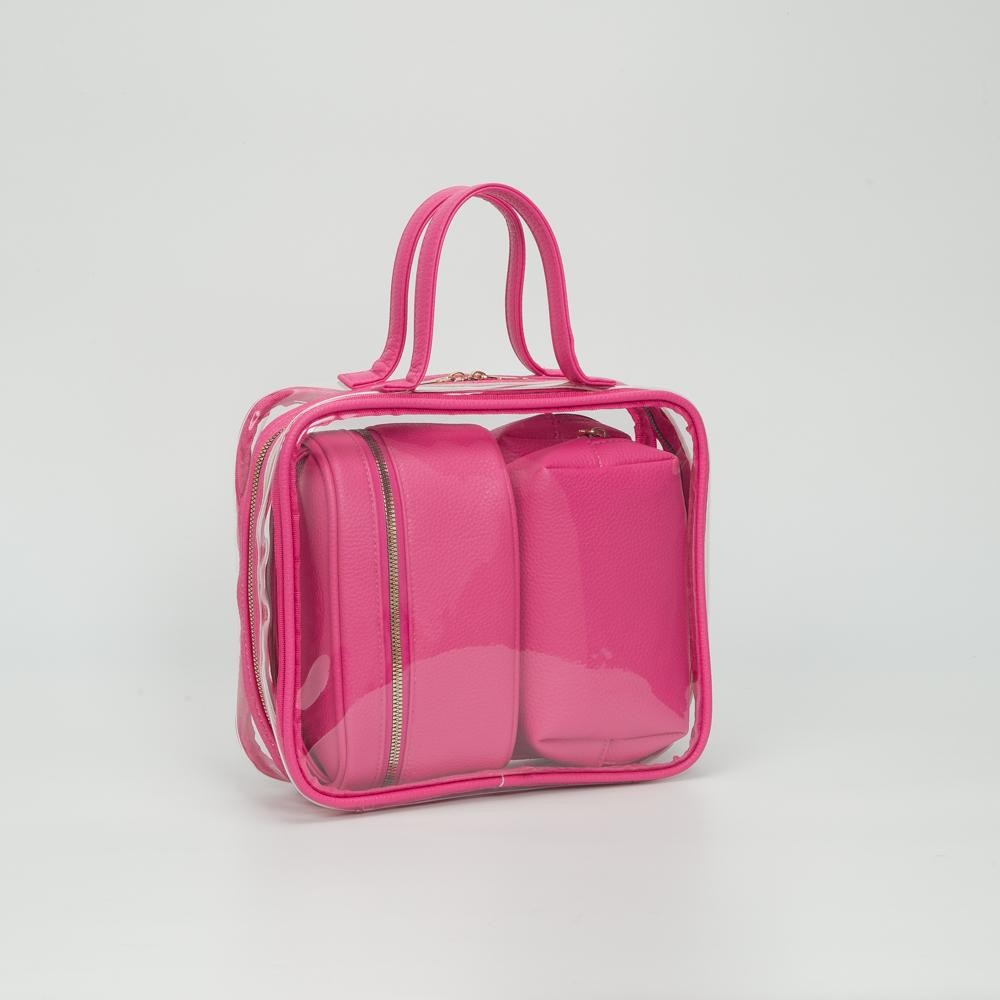 Clear Square Tote Bag With Vegan Leather Trim - Three Vegan Leather Pouches Included - Full Zip Closure - Approximately 10" L X 9" T X 3" D - Handle Drop 4" L view 2