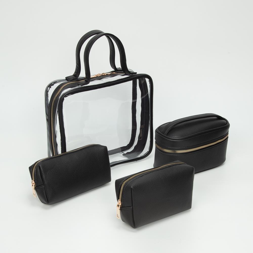 Clear Square Tote Bag With Vegan Leather Trim - Three Vegan Leather Pouches Included - Full Zip Closure - Approximately 10" L X 9" T X 3" D - Handle Drop 4" L view 4