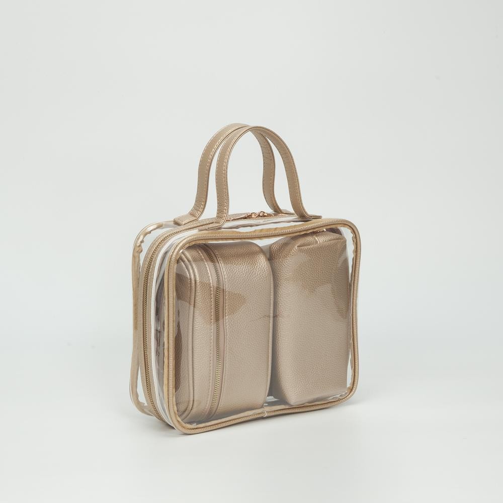 Clear Square Tote Bag With Vegan Leather Trim - Three Vegan Leather Pouches Included - Full Zip Closure - Approximately 10" L X 9" T X 3" D - Handle Drop 4" L view 2