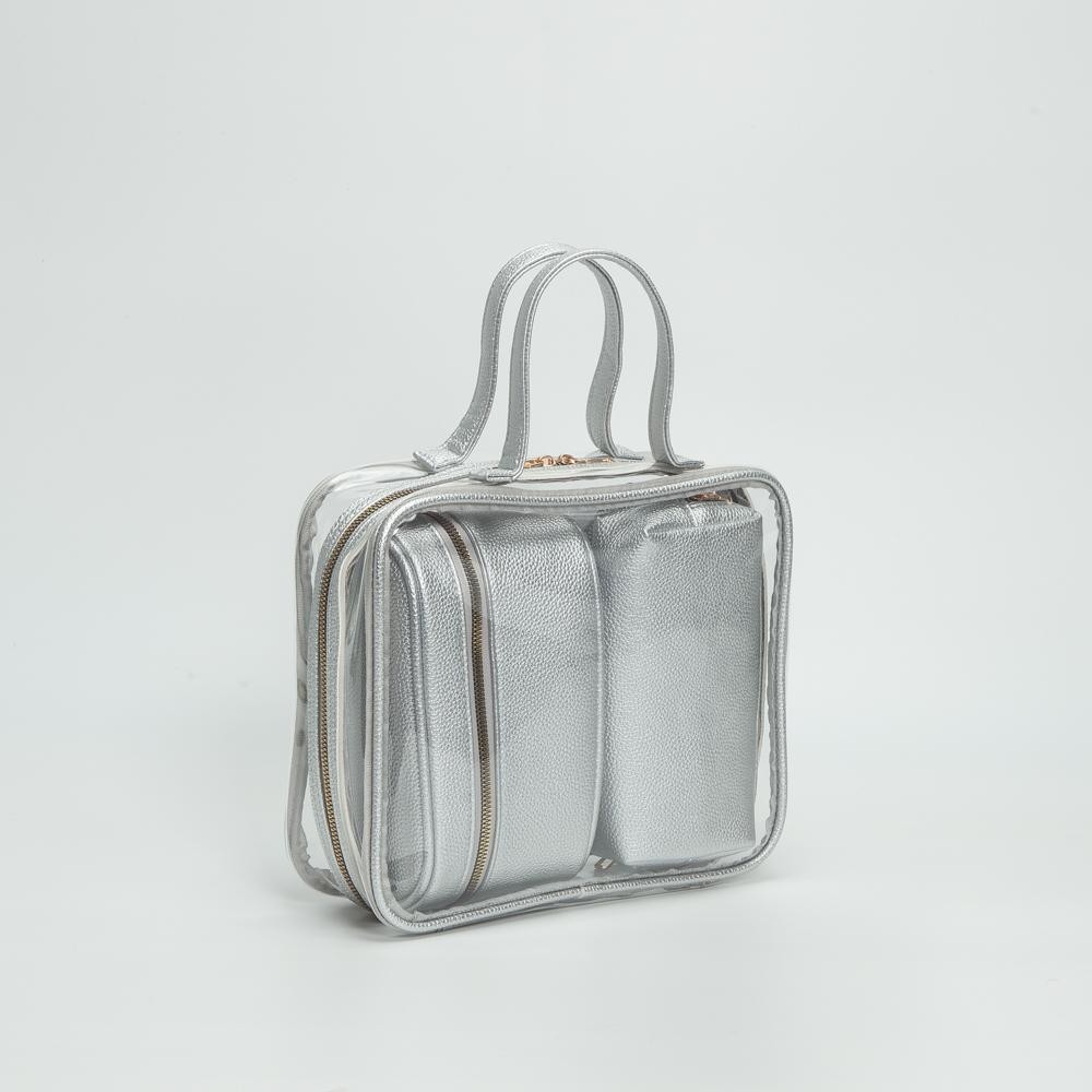 Clear Square Tote Bag With Vegan Leather Trim - Three Vegan Leather Pouches Included - Full Zip Closure - Approximately 10" L X 9" T X 3" D - Handle Drop 4" L view 2