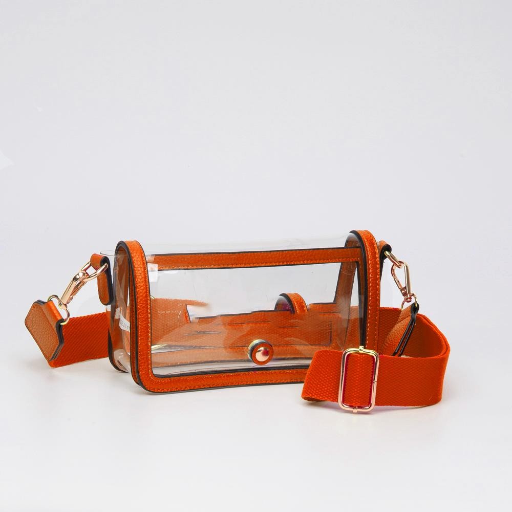 Clear Vegan Leather Crossbody Wristlet Clutch - Magnetic Button Closure - Removable Wristlet Strap - Approximately 8"W X 4"T X 2.5"D - Strap Drop 33"- 52" L view 2