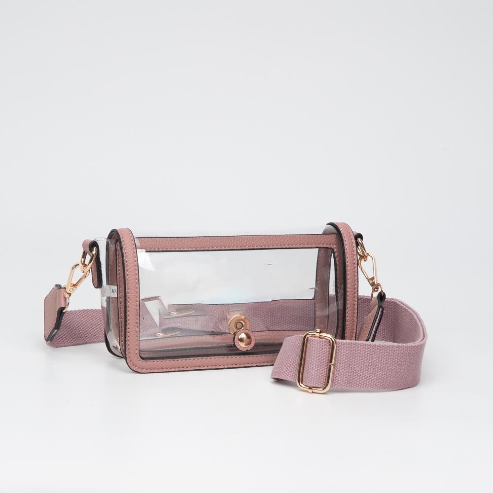 Clear Vegan Leather Crossbody Wristlet Clutch - Magnetic Button Closure - Removable Wristlet Strap - Approximately 8"W X 4"T X 2.5"D - Strap Drop 33"- 52" L view 2