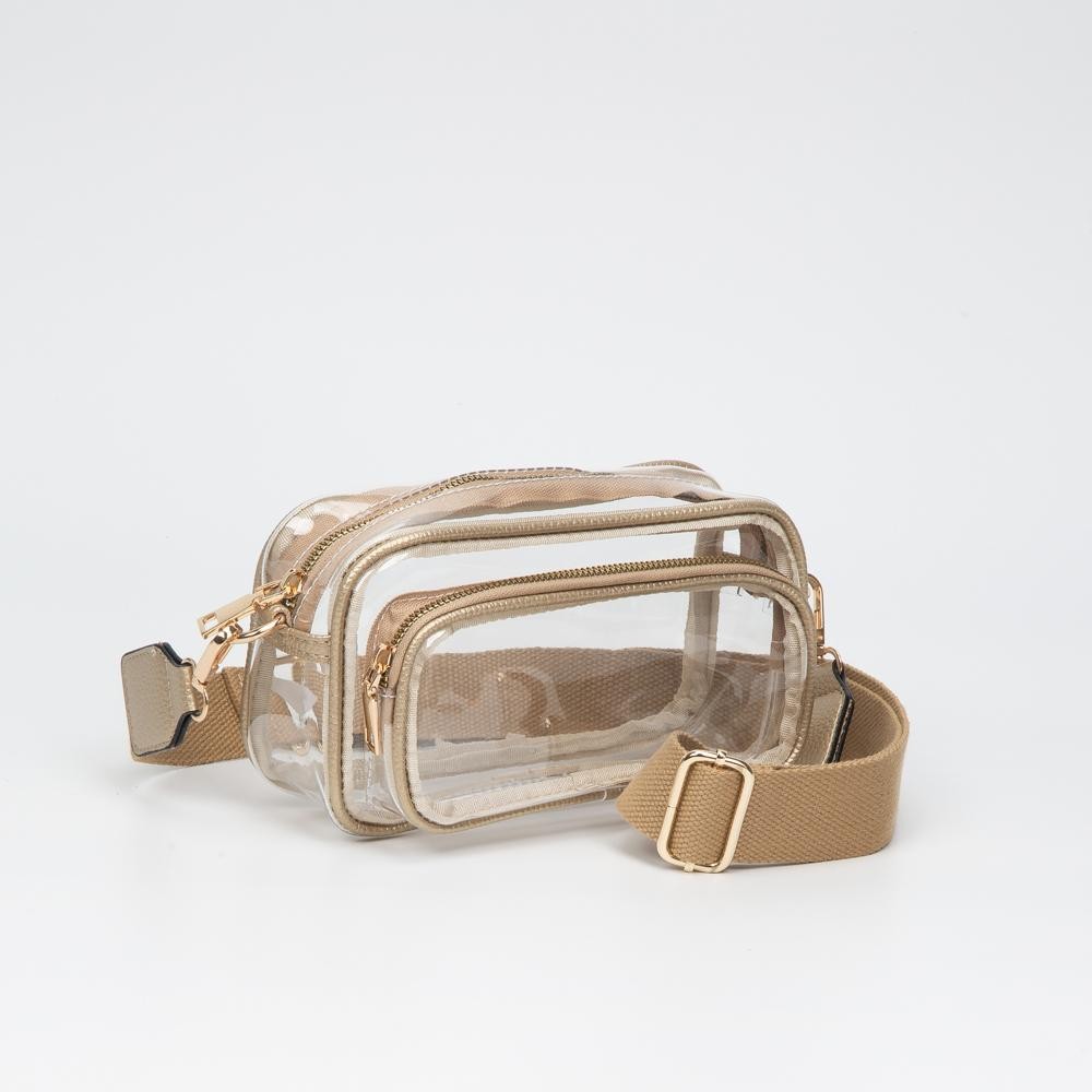 Clear Crossbody Bag With Vegan Leather Trim & Clear Outer Pockets - Zip Closure - Removable Vegan Leather Crossbody Strap - Approximately 8" L X 5" T X 3" D - Strap Drop 34" - 51" L view 2