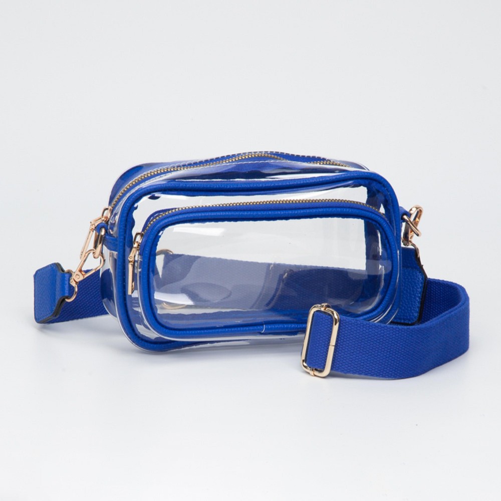 Clear Crossbody Bag With Vegan Leather Trim & Clear Outer Pockets - Zip Closure - Removable Vegan Leather Crossbody Strap - Approximately 8" L X 5" T X 3" D - Strap Drop 34" - 51" L view 2